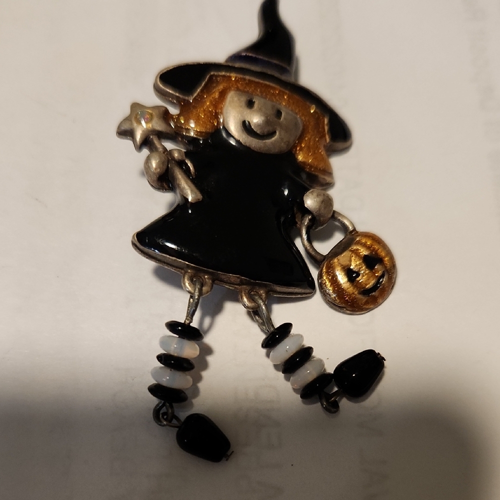 Charming Halloween Witch Brooch - Black and Gold